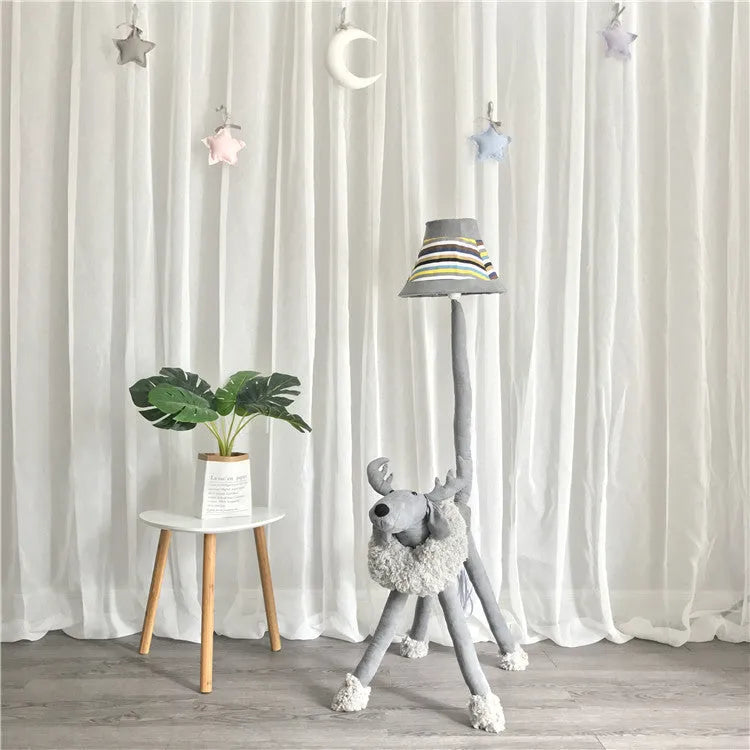 Cartoon floor lamp for children with hand-knitted cloth shade and iron stand in Lion style