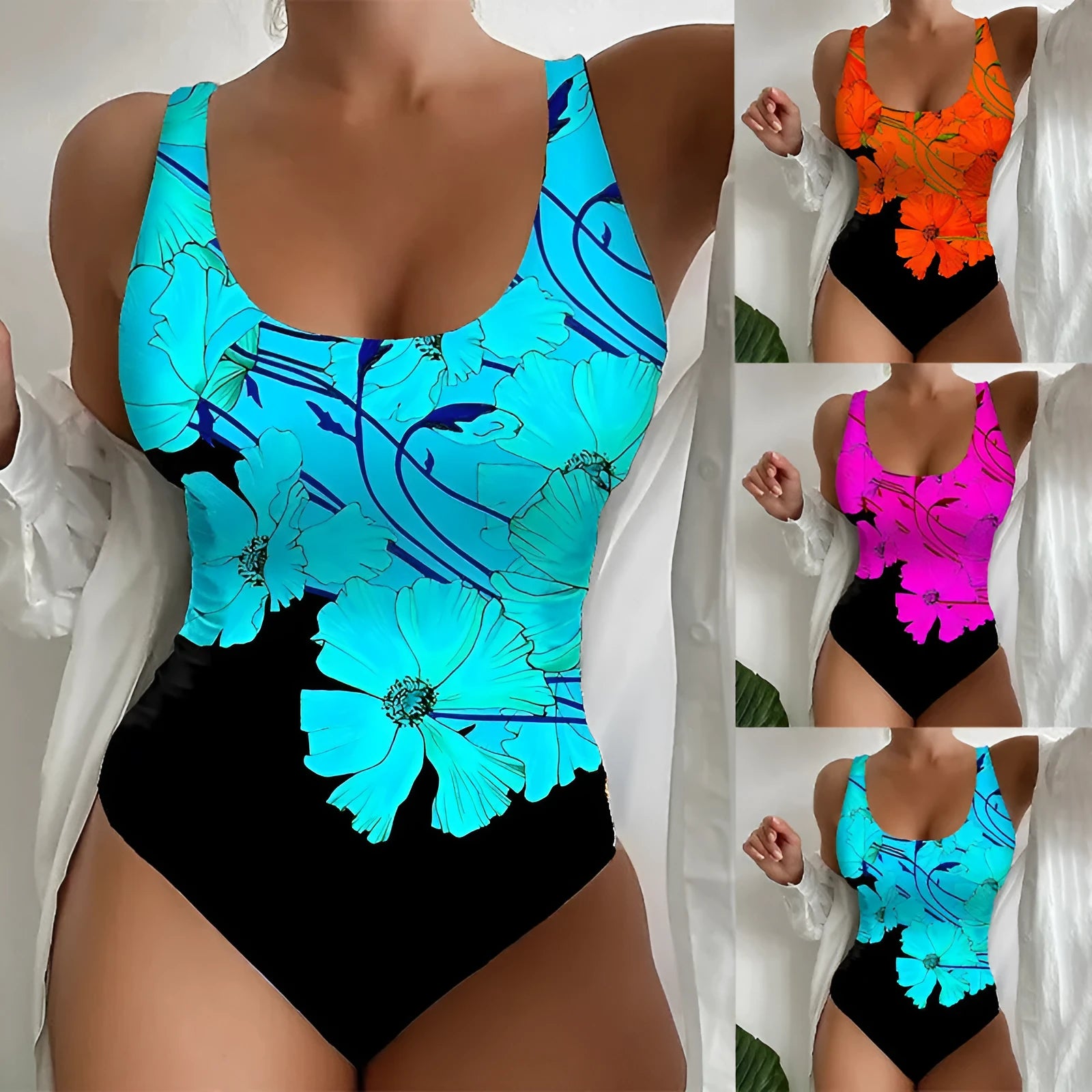 Women's orange red 3D printed one-piece swimsuit with lycra lining for swimming.