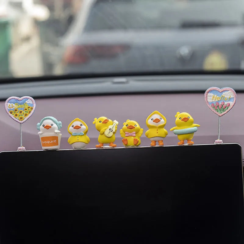PVC cartoon duckling car decoration set with six figures and one plastic sign for dashboard
