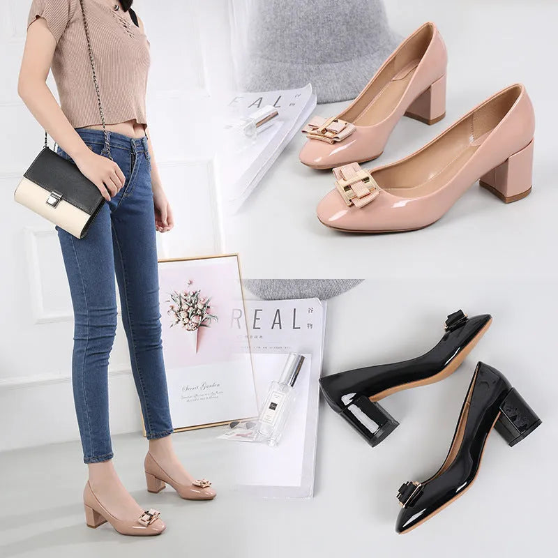 Mid heel round head chunky heel patent leather women's pumps with work buckle in solid colour