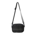 Men's street-style nylon messenger crossbody bag in black, shown with sewing thread detail.