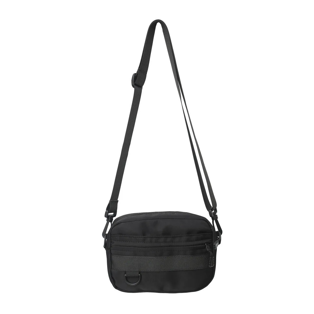 Men's street-style nylon messenger crossbody bag in black, shown with sewing thread detail.