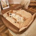 Warm brown cloth pet bed with sofa backrest, deep sleep kennel mat for dogs, available in four sizes