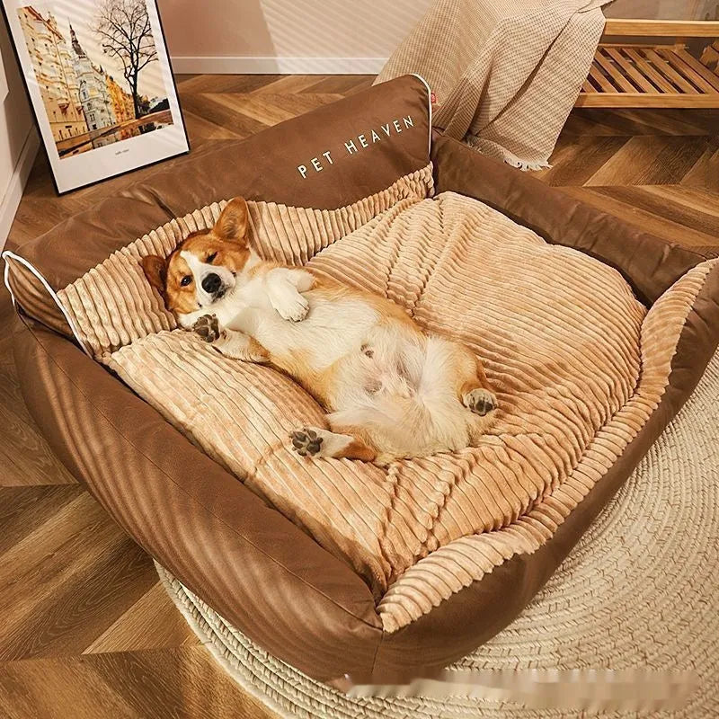 Warm brown cloth pet bed with sofa backrest, deep sleep kennel mat for dogs, available in four sizes