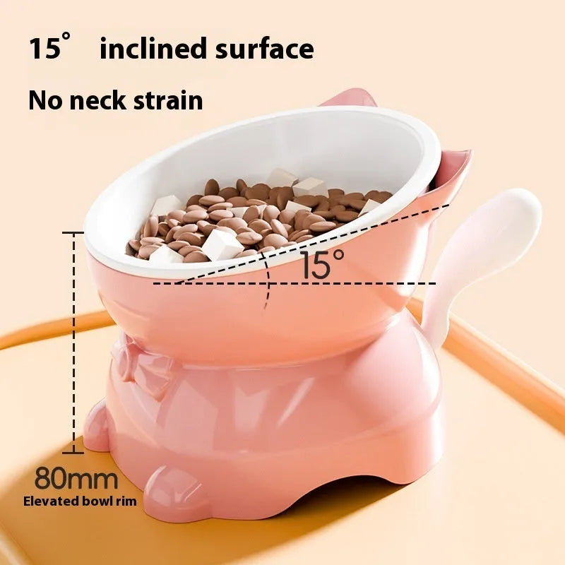 Stainless steel slanted cat bowl with silicone base in blue, showing its anti-fall design.