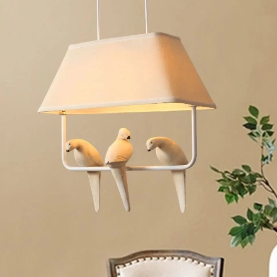 Bird chandelier ceiling lamp with fabric shade and iron frame in multiple head configurations