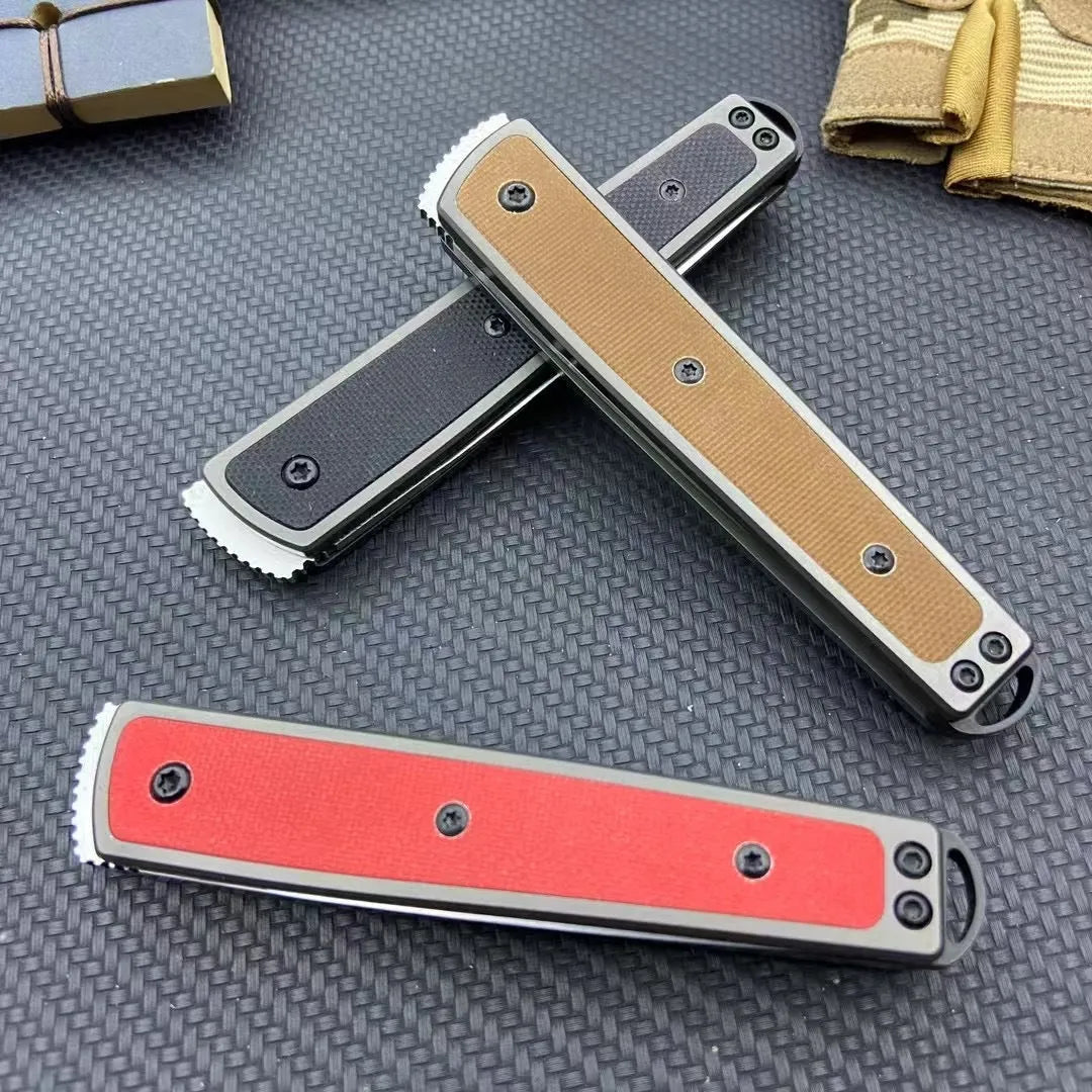 Folding fruit knife with stainless steel blade shown in black, brown, and red colour options