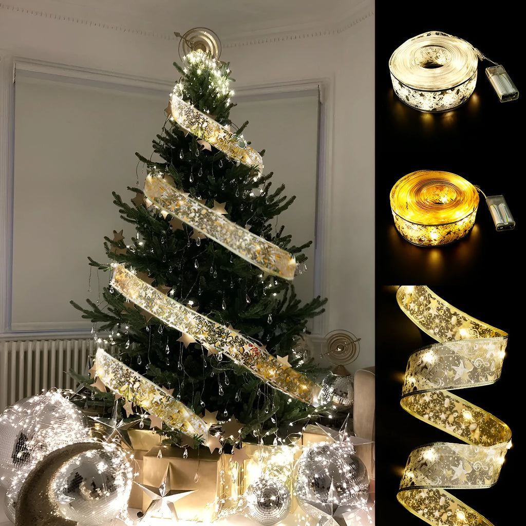 Christmas fairy lights ribbon with LED lights in cloth material, available in gold and silver colour options