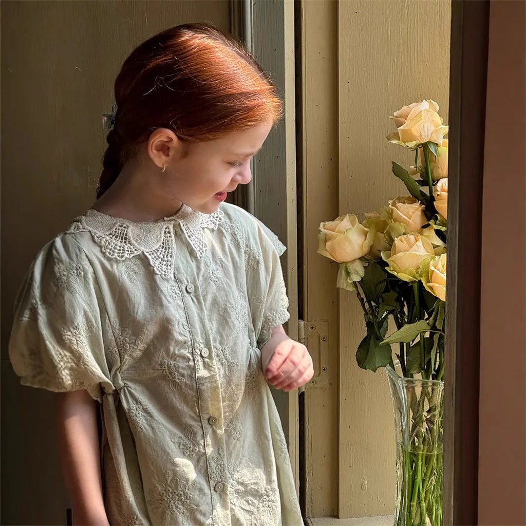 Light green cotton floral A-line dress for girls, short sleeves, pastoral style, suitable for heights 90 to 140cm