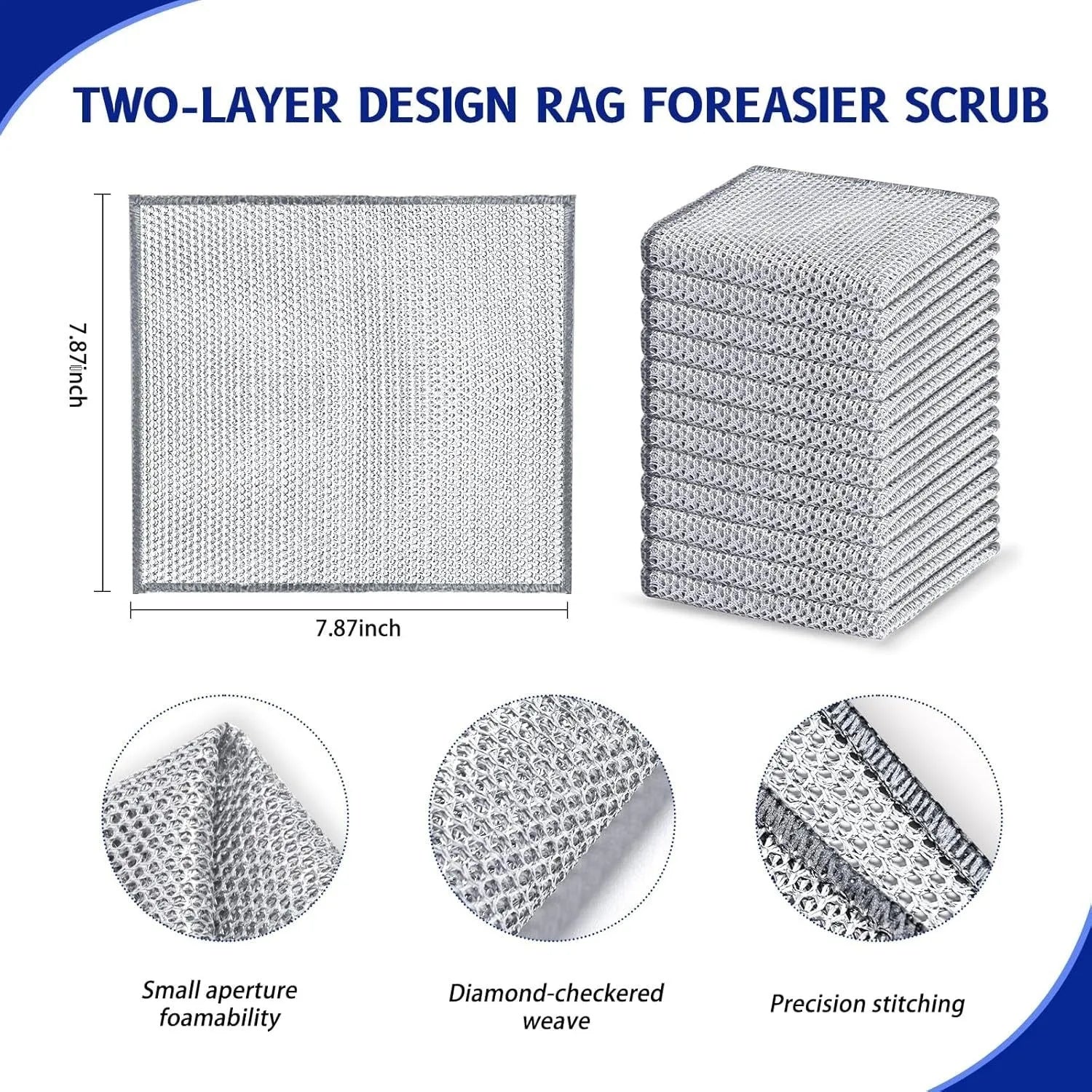 Silver wire and coloured microfiber kitchen cleaning cloths in 20cm and 25cm squares.