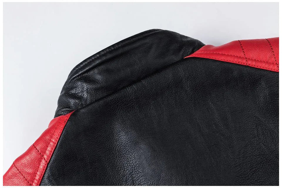 Men's retro PU leather motorcycle jacket with stand collar and zipper pockets, in brick red, brown, or ivory white