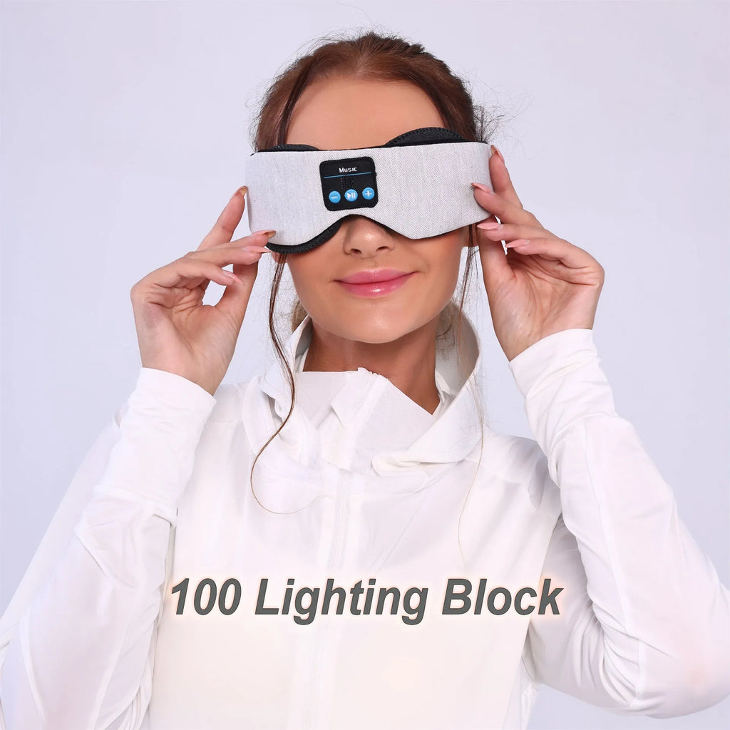 Grey outline Bluetooth sleeping eye mask with adjustable head strap on neutral background