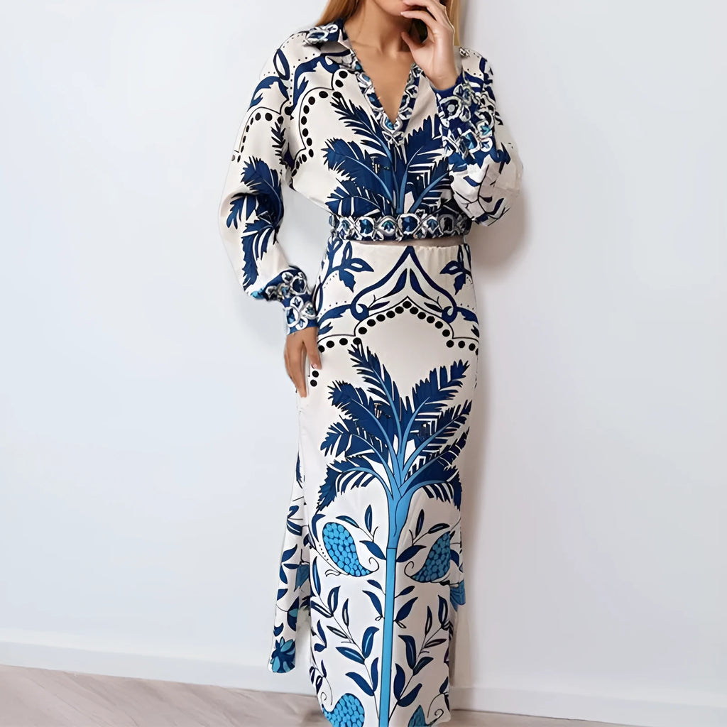 Women's long sleeve top and skirt early spring casual set in polyester fabric