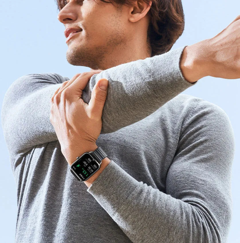 HAYLOU RS4 Plus black smartwatch with AMOLED display showing fitness stats on a wrist.