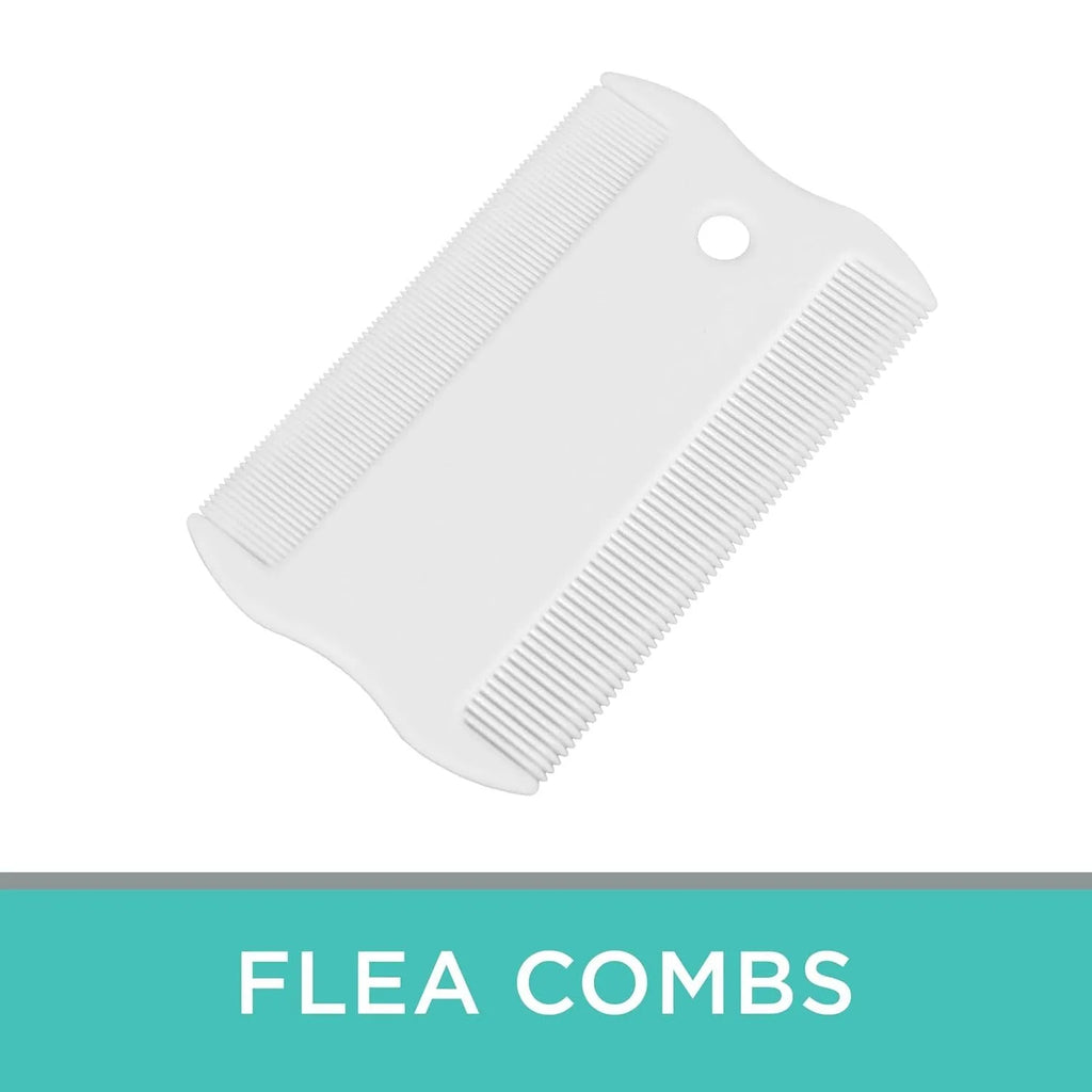 Double-sided plastic pet flea comb showing dense tooth row and grate mouth design for dog and cat grooming