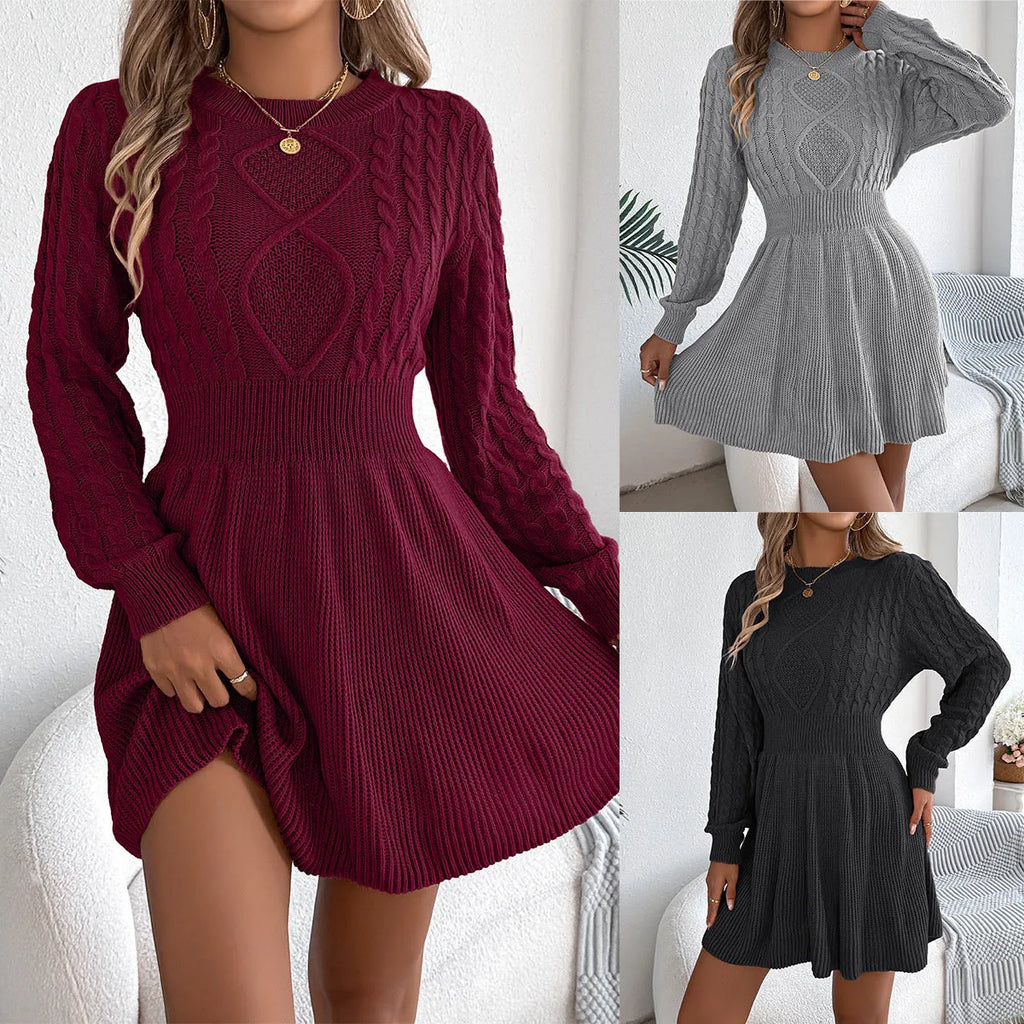 Women's solid colour sweater dress with lantern sleeves and a twist detail at the elastic waist.