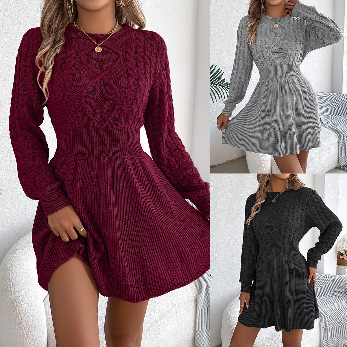 Women's solid colour sweater dress with lantern sleeves and a twist detail at the elastic waist.