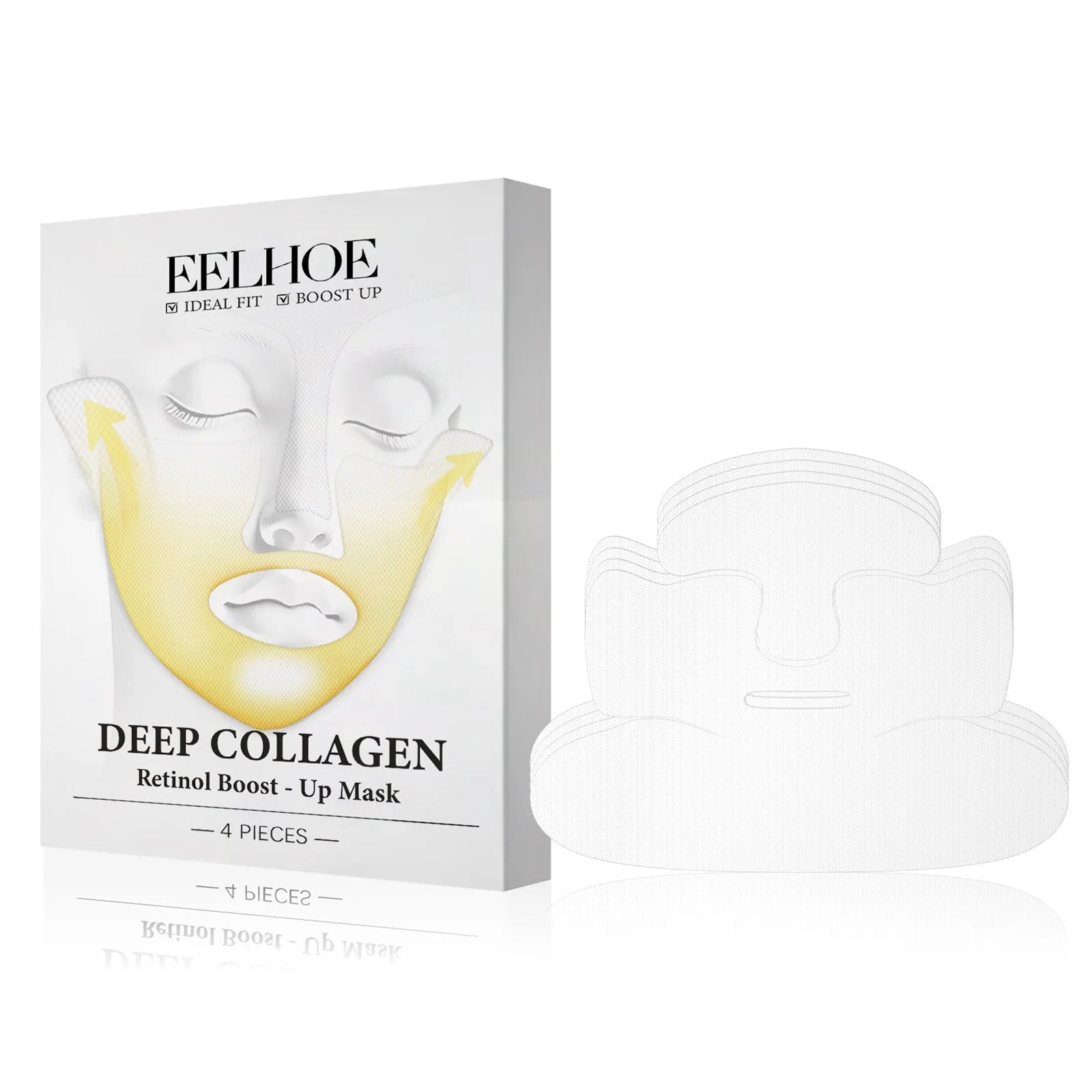 Pack of four collagen tightening facial mask sheets showing one unfolded sheet.