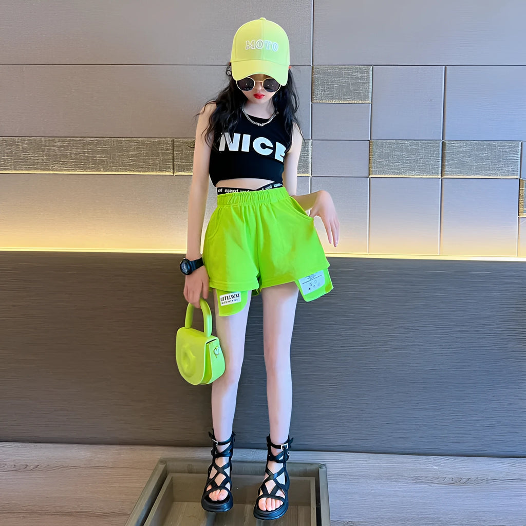Girls casual cotton shorts and vest two-piece set in black top and green pants, pullover style