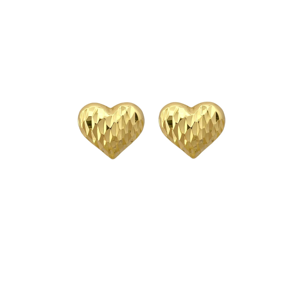 Heart-shaped copper earrings with electroplating, shown as gold or silver ear clips or studs, one pair.