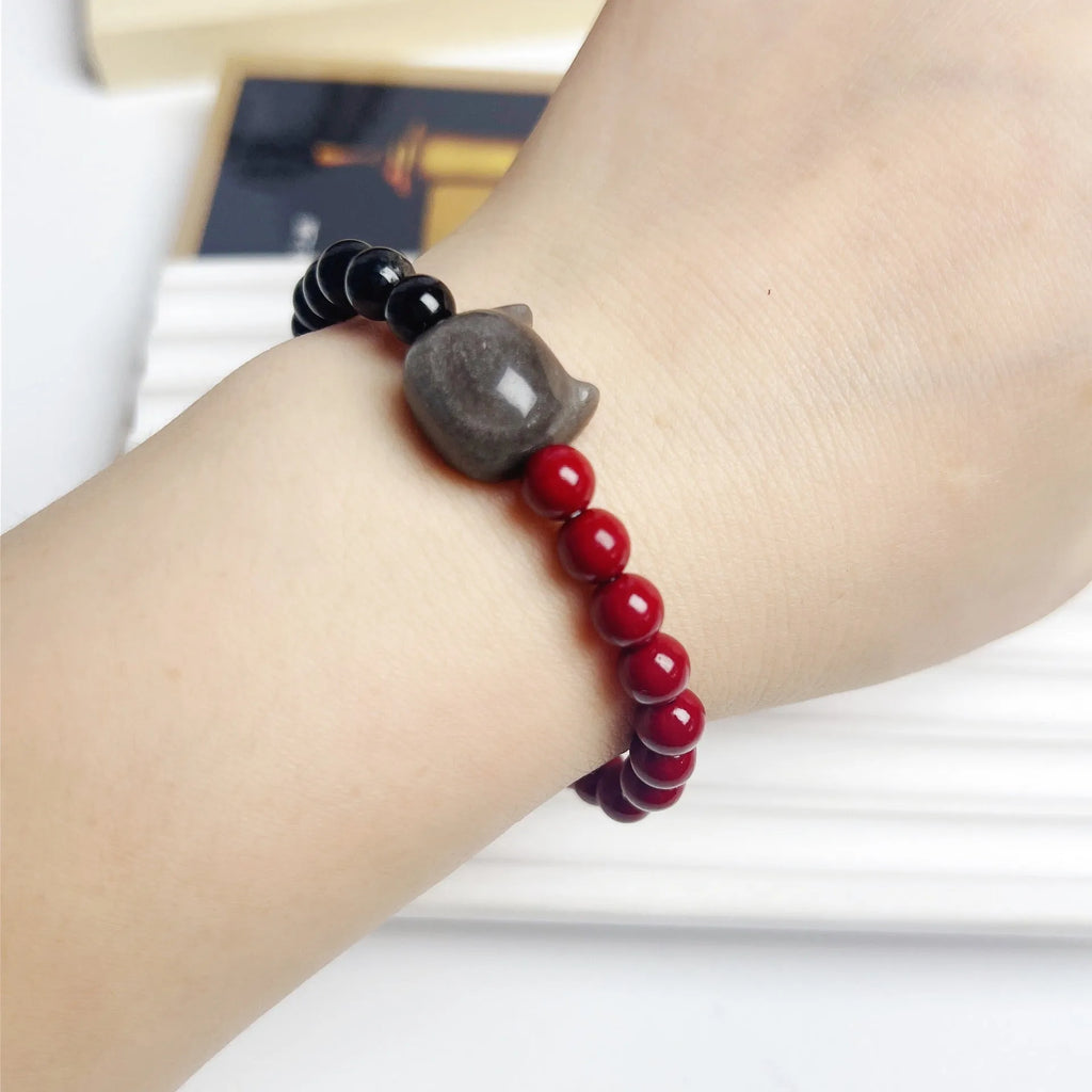 Manual craft colourful obsidian bracelet with cat charm in net red style