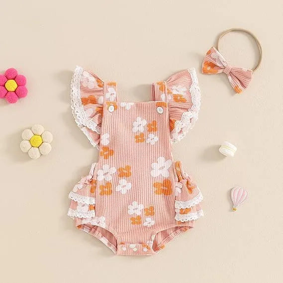 New baby girl sunken stripe flower romper in apricot colour, sleeveless triangle jumpsuit made of polyester