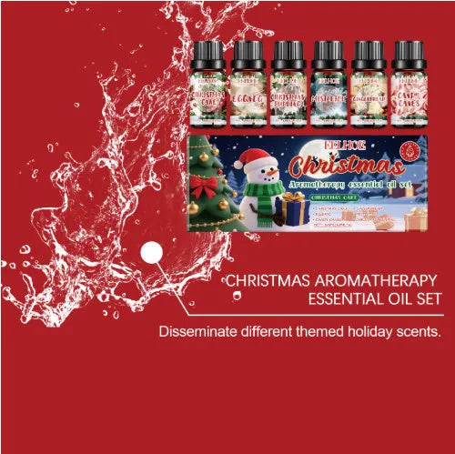 Christmas aromatherapy oil set showing six 60ml bottles for home fragrance