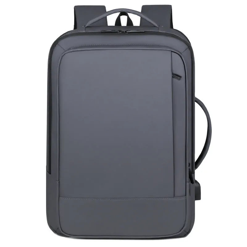 Black waterproof Oxford cloth business backpack with curved shoulder straps and derm leather detailing