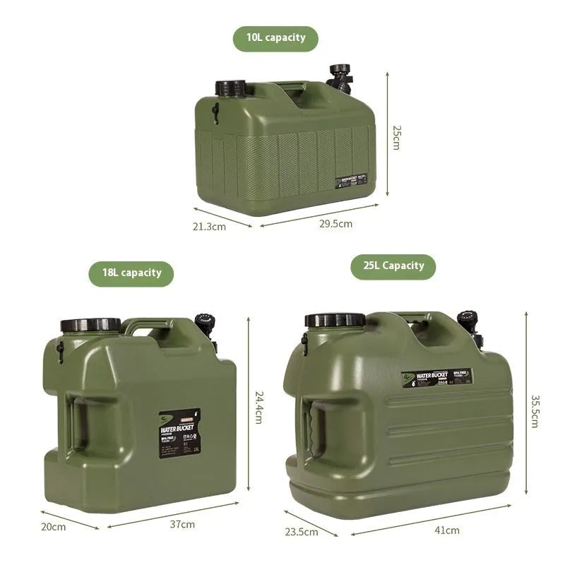 Army green thickened PE portable water storage tank with cap, available in 10L 18L 25L capacities