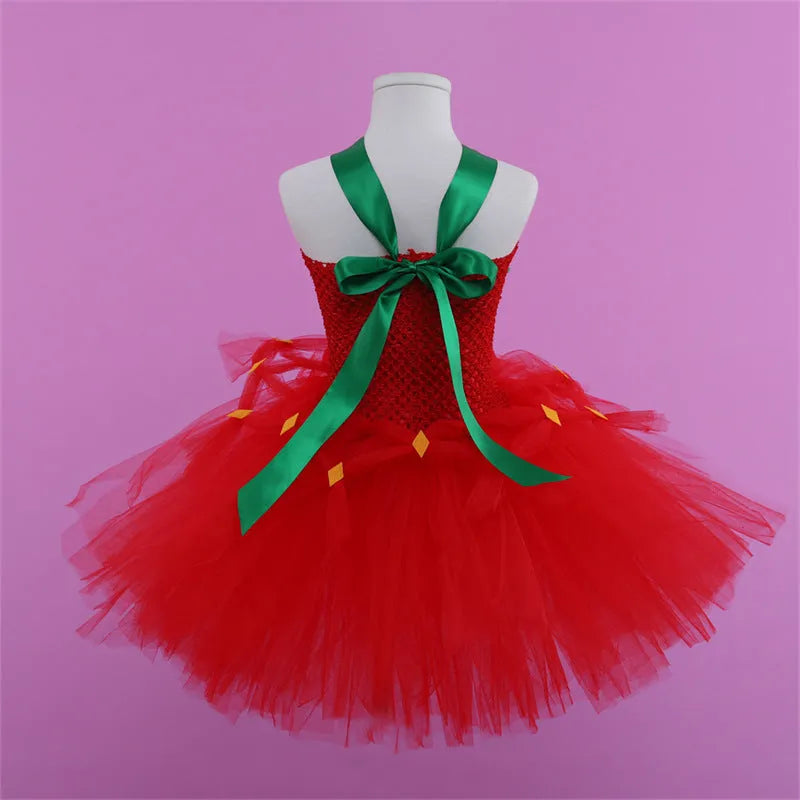 Red children's princess dress with lace and mesh detailing in South Korean silk for birthday parties