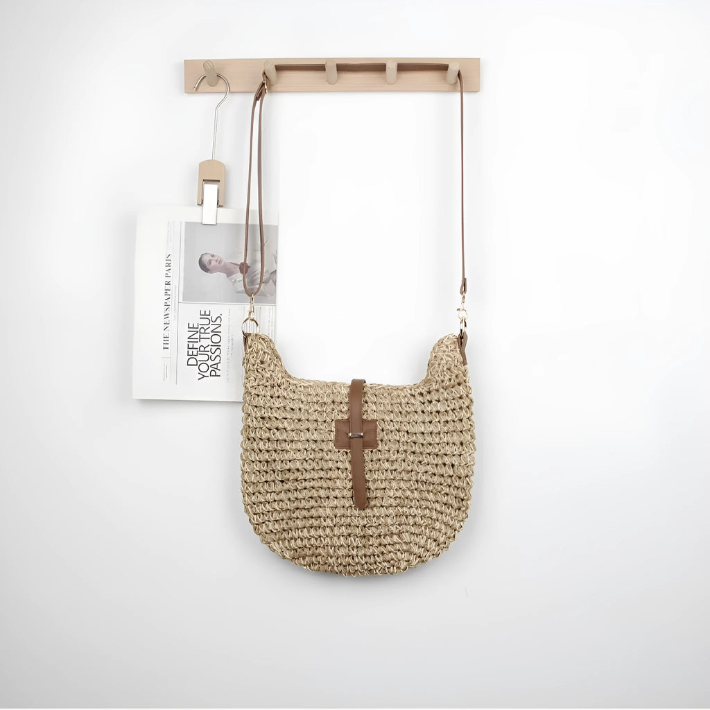Beige handmade woven shoulder bag with sandwich pocket and long strap