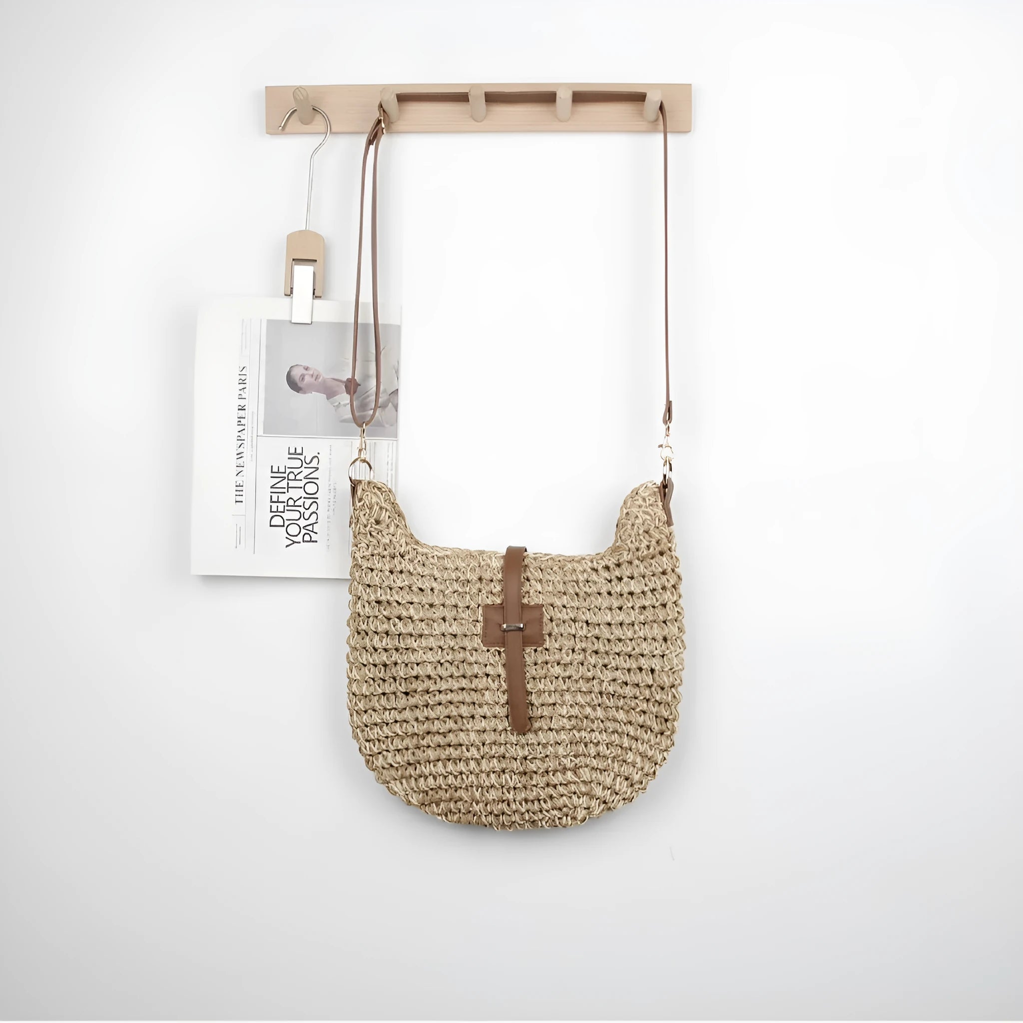 Beige handmade woven shoulder bag with sandwich pocket and long strap
