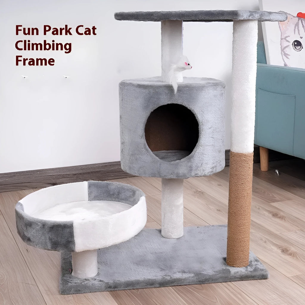 Lepet cat tree with plush nest and scratch board, available in white and brown colour option