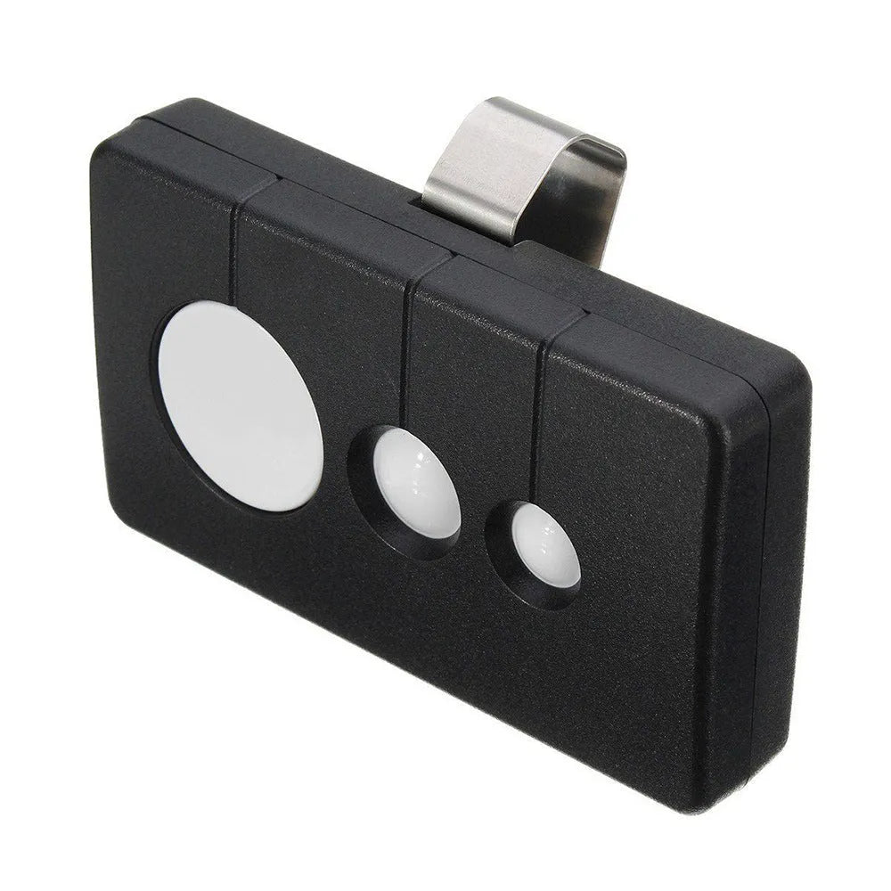 Black three-button LiftMaster garage door remote control with rolling code.
