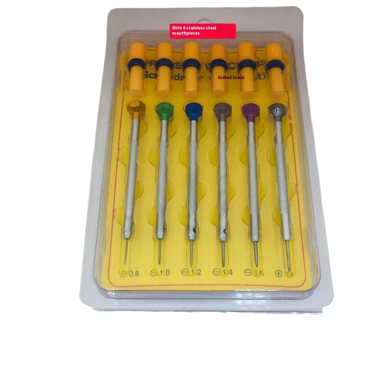 6-piece colour-coded watch repair screwdriver set with aluminium handles and spring steel cutter heads