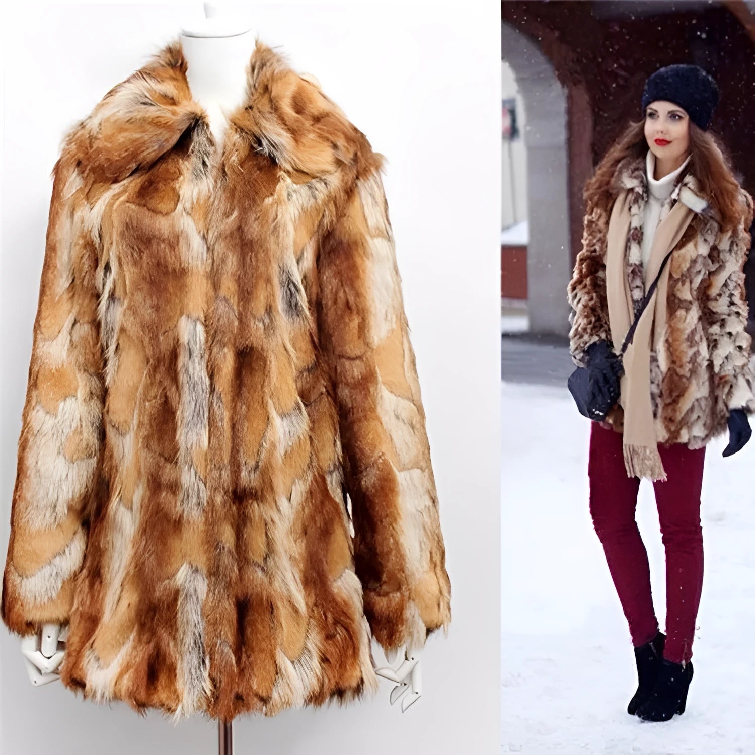 Women's slim-fit faux fur jacket with a full tiger pattern print, showing long sleeves and a medium length.