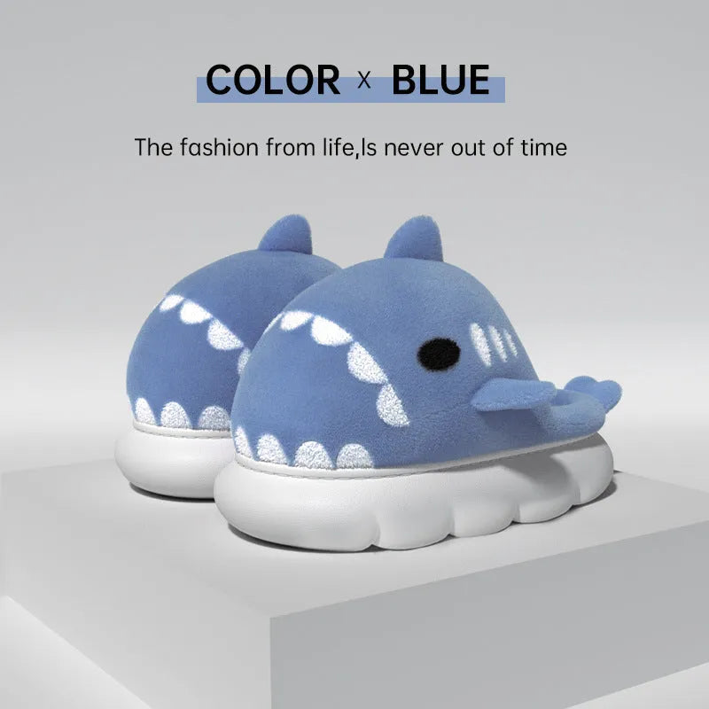 Shark slippers with suede upper embroidery design anti-skid sole winter house shoes grey
