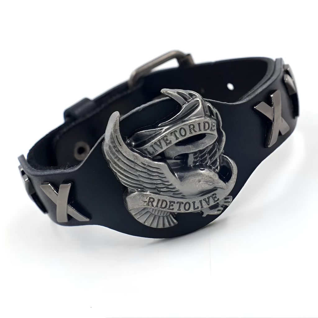 Black leather bracelet with a geometric alloy eagle watch-buttom centrepiece.