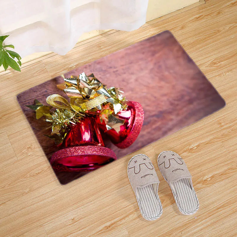 Rectangular flannel Christmas door mat with cartoon pattern, available in multiple sizes for bathroom and living room use