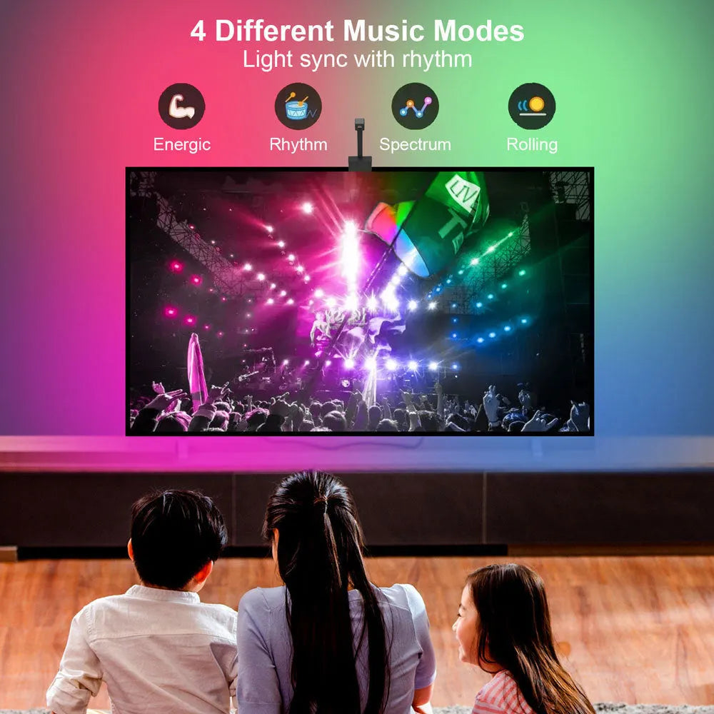 Graffiti APP smart TV backlight strip with camera controller and remote on black background