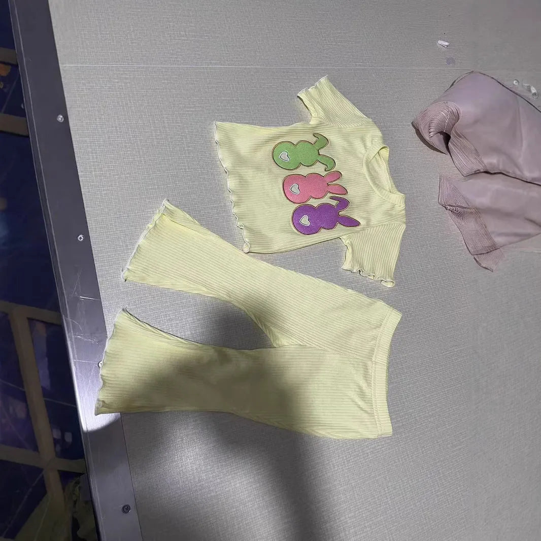 Baby girl cotton short-sleeve bell-bottom pants set with rabbit embroidery in light yellow