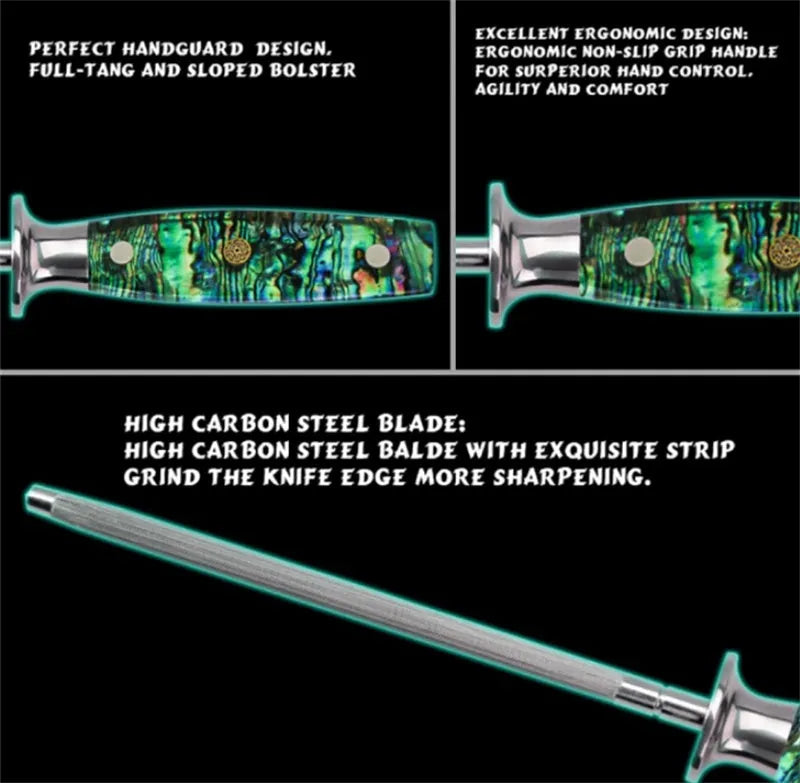 Manual high-carbon steel knife sharpener with abalone shell handle.