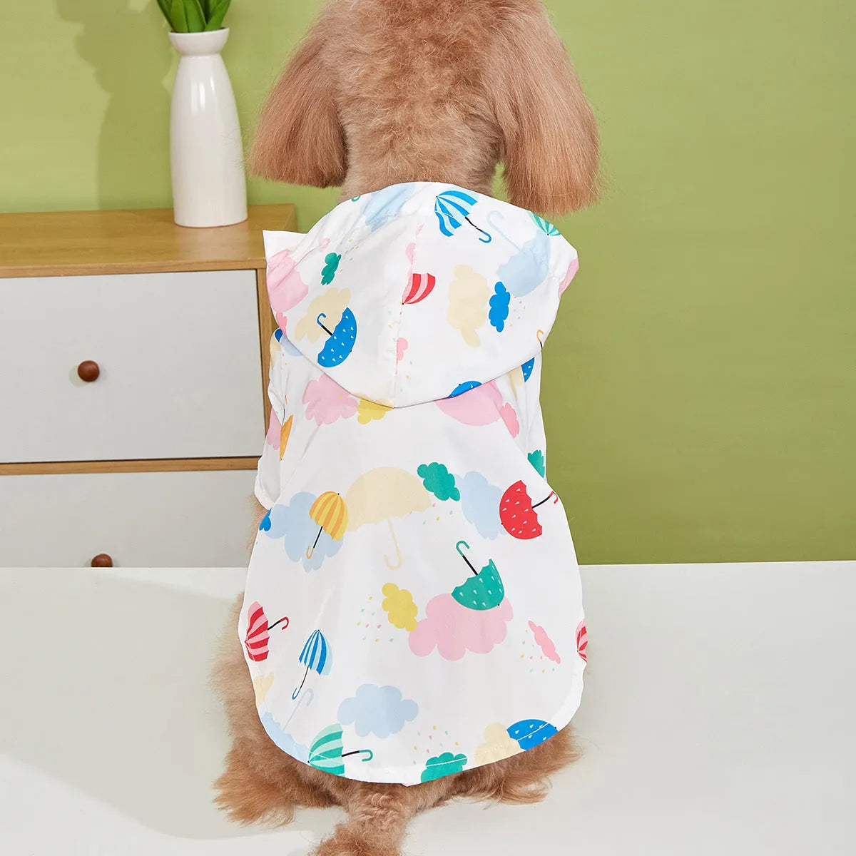 Colourful cartoon umbrella print dog raincoat in polyester, showing sizes XS, S, M, L, XL.