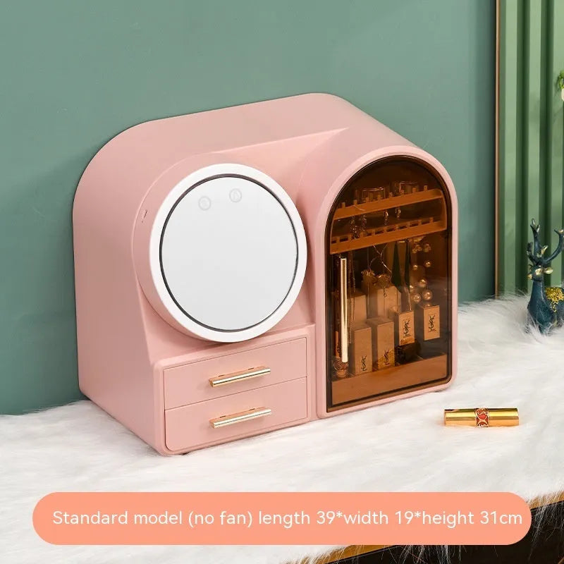 Plastic cosmetics storage rack with LED makeup mirror and soft wind fan, 35L capacity, Milky White, Light Pink or Dark Green