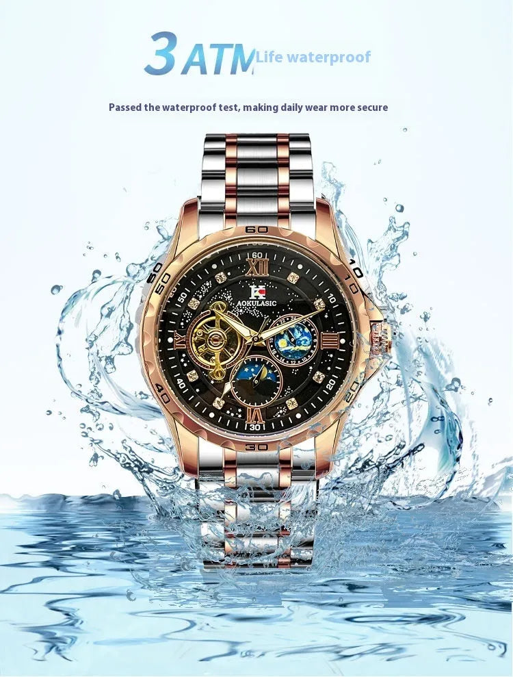 Automatic mechanical men's watch with rose gold shell, black dial, and large multifunctional display.