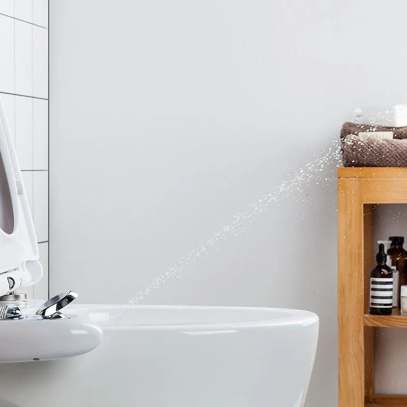 Power-free toilet seat cover body cleaner with hip wash nozzle and water pressure adjustment dial in ABS plastic