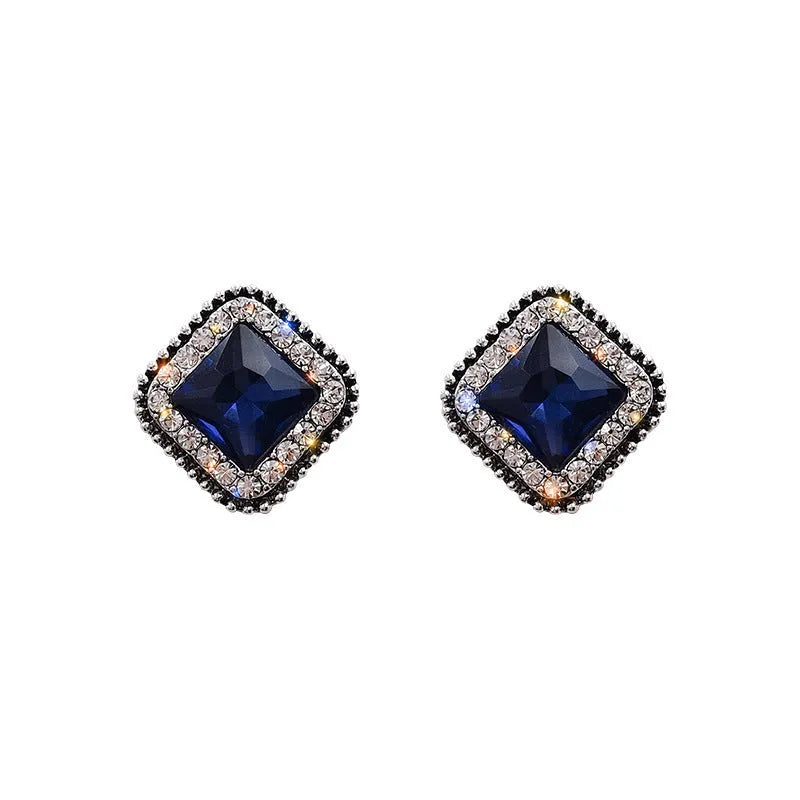 Blue square diamond inlay earrings for women, geometric zinc alloy design, sweet and cool style