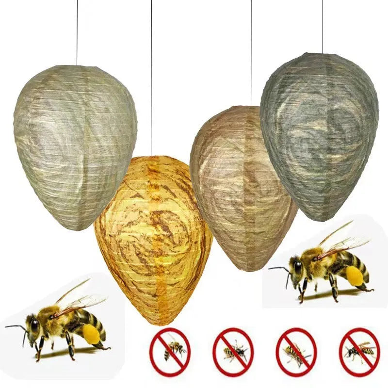Oval flannel honeycomb lantern for wasp deterrence in a garden setting