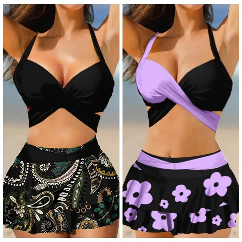 Purple and black women's bikini swimsuit set with lace-up details and a matching skirt.