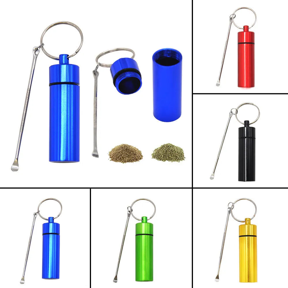 Aluminium portable medicine storage bottle with keychain and spoon in multiple colour options.